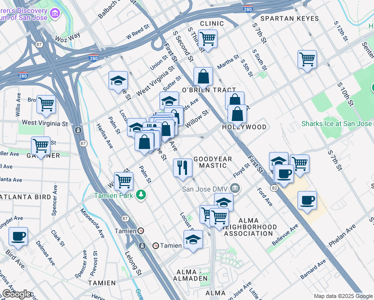 map of restaurants, bars, coffee shops, grocery stores, and more near 167 Goodyear Street in San Jose
