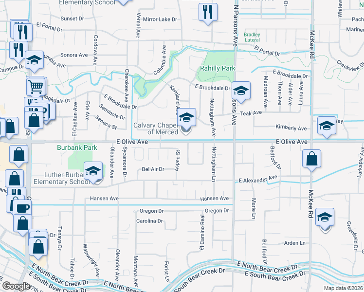 map of restaurants, bars, coffee shops, grocery stores, and more near 1315 East Olive Avenue in Merced