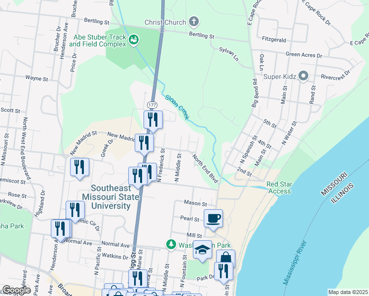 map of restaurants, bars, coffee shops, grocery stores, and more near 1112 North Middle Street in Cape Girardeau