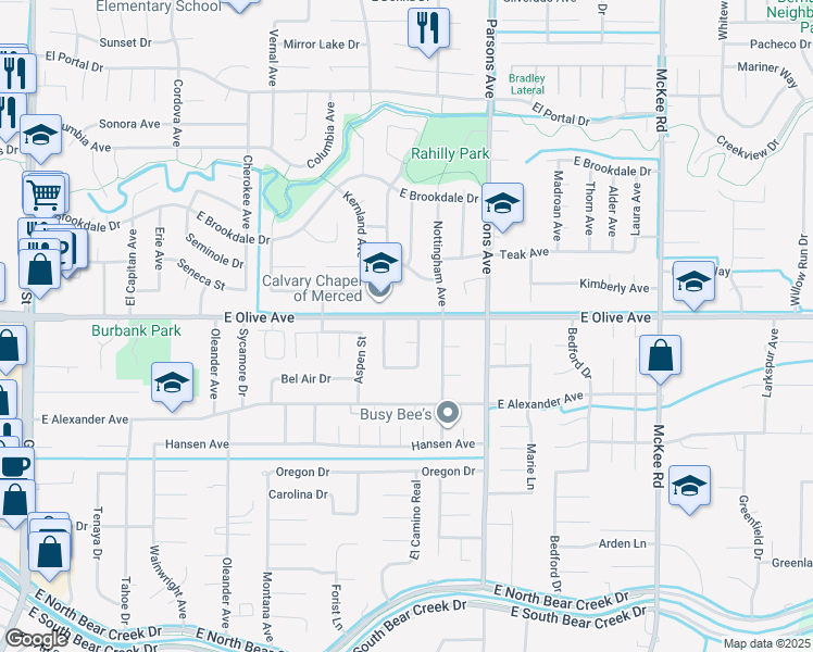 map of restaurants, bars, coffee shops, grocery stores, and more near 1408 East Olive Avenue in Merced