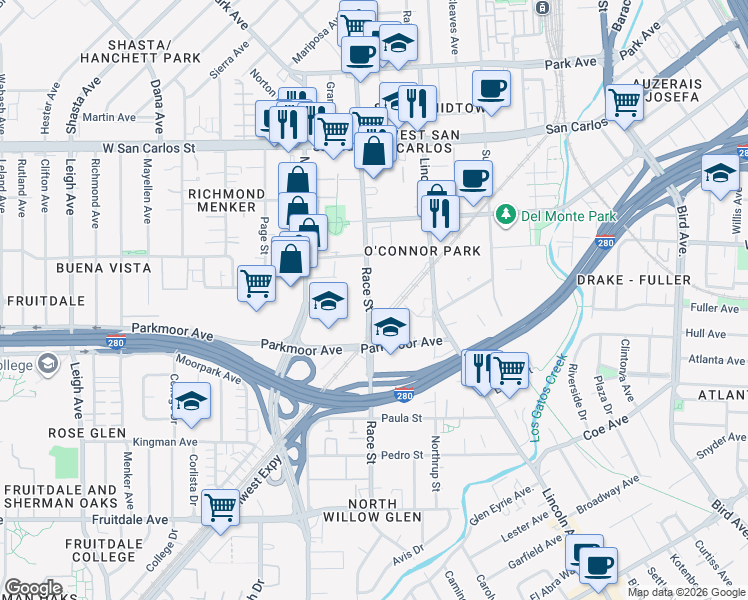map of restaurants, bars, coffee shops, grocery stores, and more near 500 Race Street in San Jose
