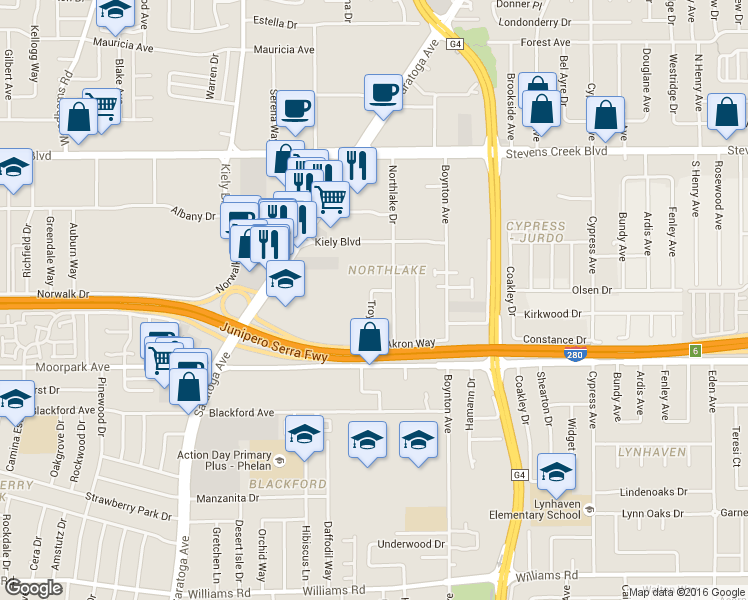 map of restaurants, bars, coffee shops, grocery stores, and more near 518 Troy Drive in San Jose