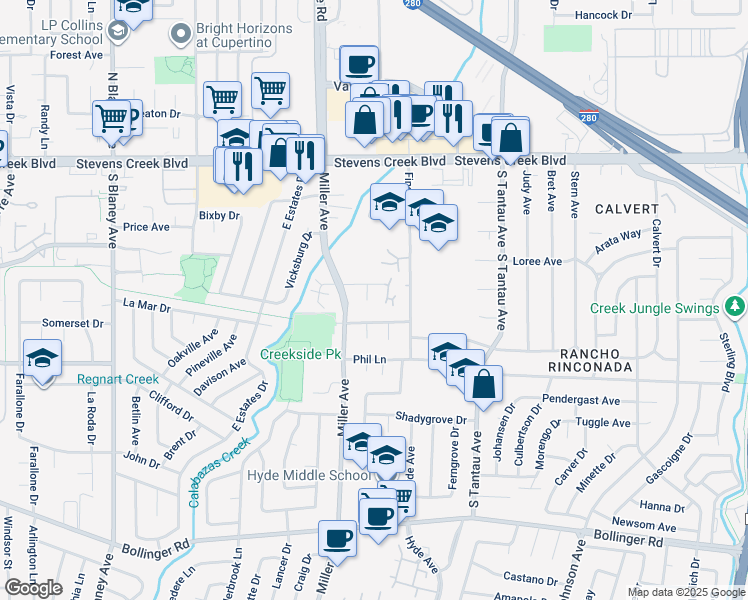 map of restaurants, bars, coffee shops, grocery stores, and more near 19342 Greenwood Drive in Cupertino