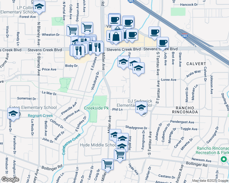 map of restaurants, bars, coffee shops, grocery stores, and more near 19444 Greenwood Drive in Cupertino
