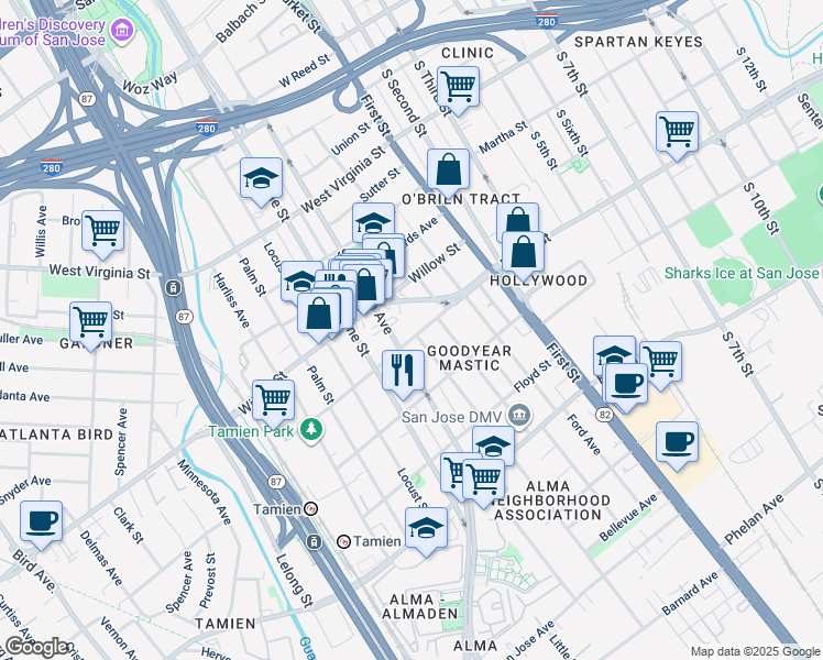map of restaurants, bars, coffee shops, grocery stores, and more near 167 Goodyear Street in San Jose