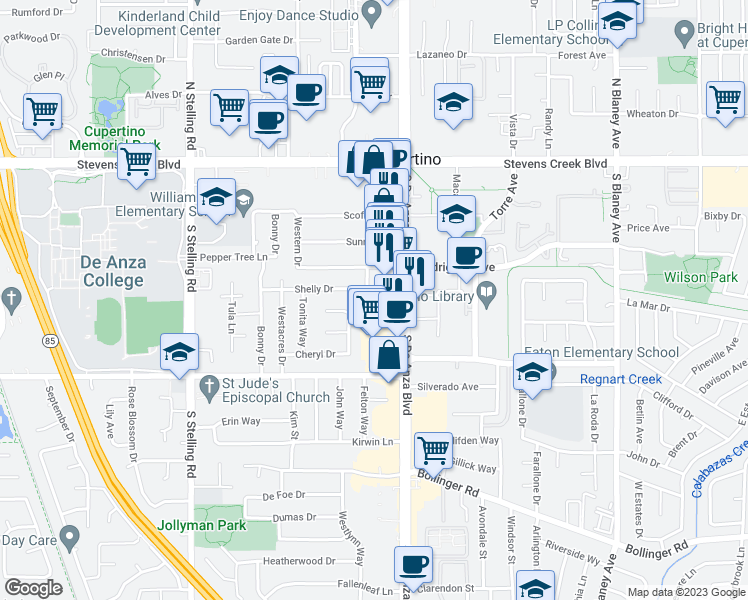 map of restaurants, bars, coffee shops, grocery stores, and more near 10302 Terry Way in Cupertino