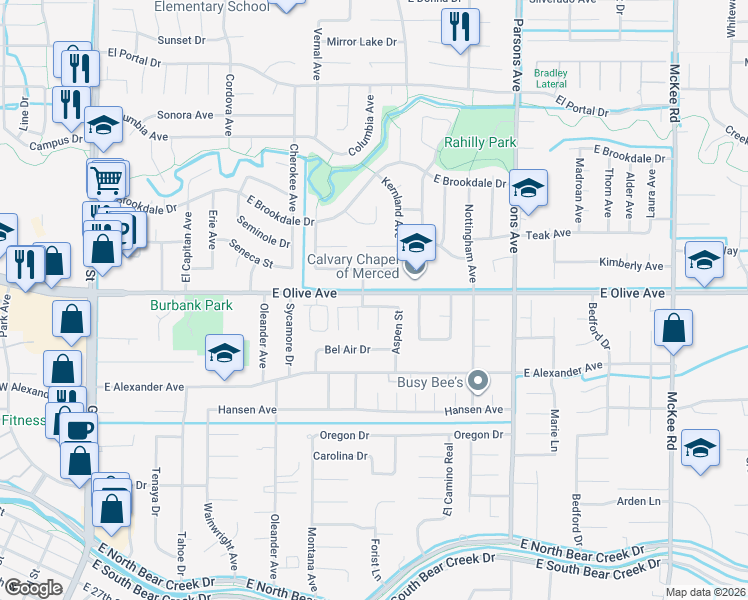 map of restaurants, bars, coffee shops, grocery stores, and more near 1227 Aspen Street in Merced