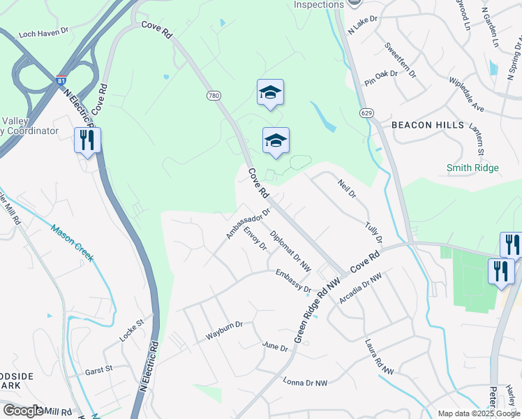 map of restaurants, bars, coffee shops, grocery stores, and more near 5800-5814 Cove Rd NW in Roanoke