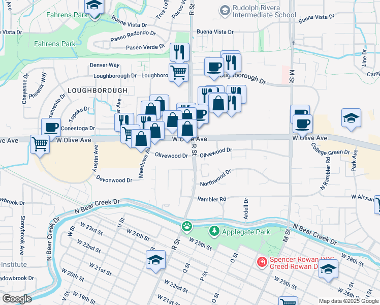 map of restaurants, bars, coffee shops, grocery stores, and more near 1160 West Olive Avenue in Merced
