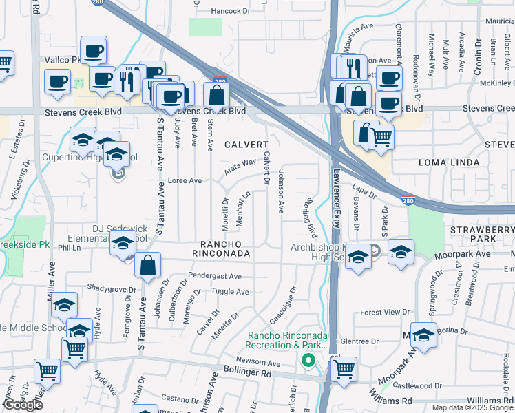 map of restaurants, bars, coffee shops, grocery stores, and more near 10320 Wunderlich Drive in Cupertino