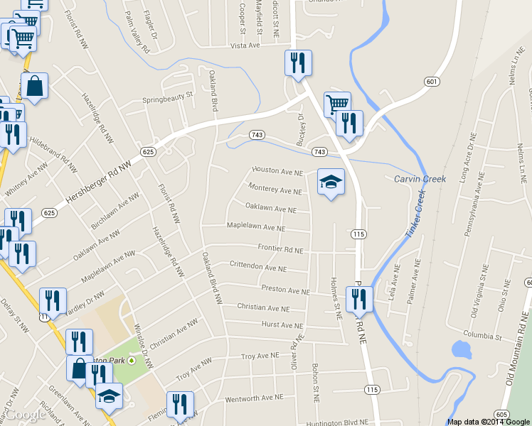 map of restaurants, bars, coffee shops, grocery stores, and more near 165 Oaklawn Avenue Northeast in Roanoke