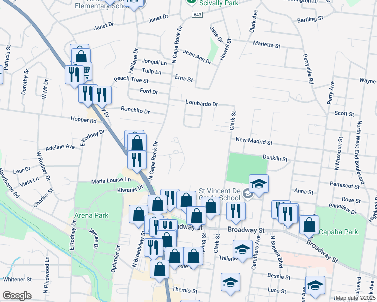 map of restaurants, bars, coffee shops, grocery stores, and more near 912 Karau Lane in Cape Girardeau