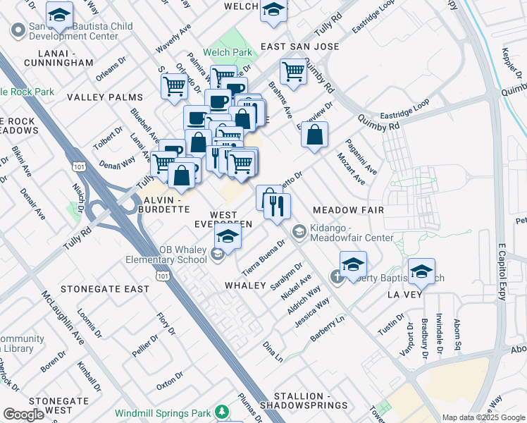 map of restaurants, bars, coffee shops, grocery stores, and more near 2625 South King Road in San Jose