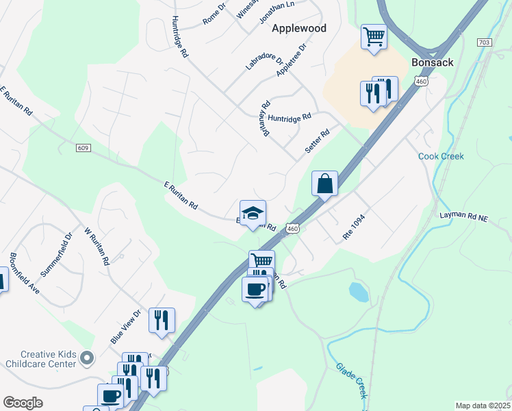 map of restaurants, bars, coffee shops, grocery stores, and more near 5456 Setter Road in Roanoke