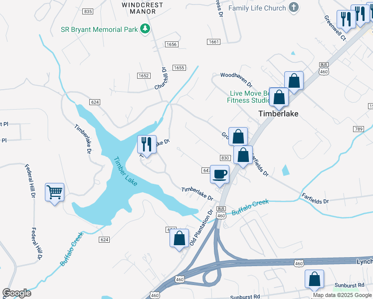 map of restaurants, bars, coffee shops, grocery stores, and more near 253 Mary Ann Drive in Lynchburg