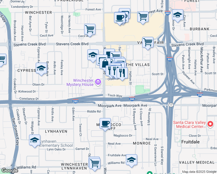 map of restaurants, bars, coffee shops, grocery stores, and more near 500 South Winchester Boulevard in San Jose