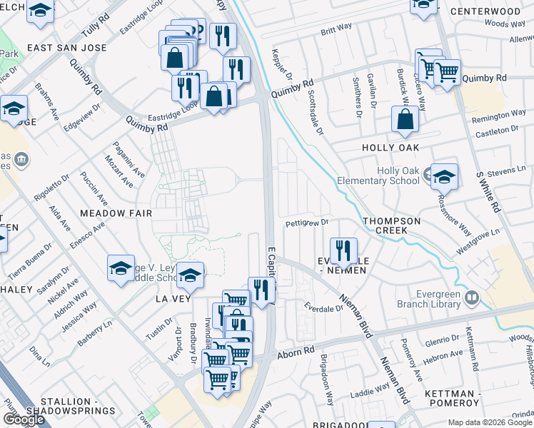 map of restaurants, bars, coffee shops, grocery stores, and more near Capitol Expressway in San Jose