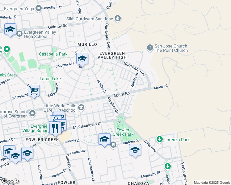 map of restaurants, bars, coffee shops, grocery stores, and more near 3582 Nantes Court in San Jose
