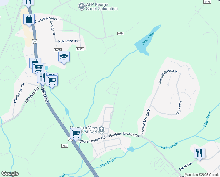 map of restaurants, bars, coffee shops, grocery stores, and more near 62 Squire Circle in Lynchburg