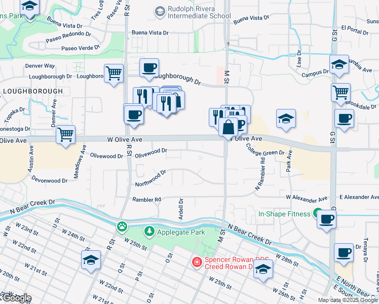 map of restaurants, bars, coffee shops, grocery stores, and more near 700 Applewood Lane in Merced