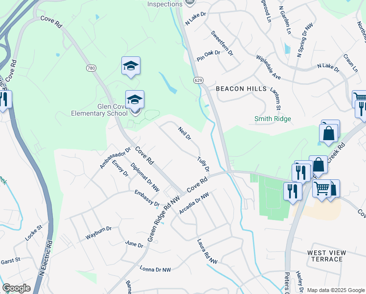 map of restaurants, bars, coffee shops, grocery stores, and more near 2839 Tully Drive in Roanoke