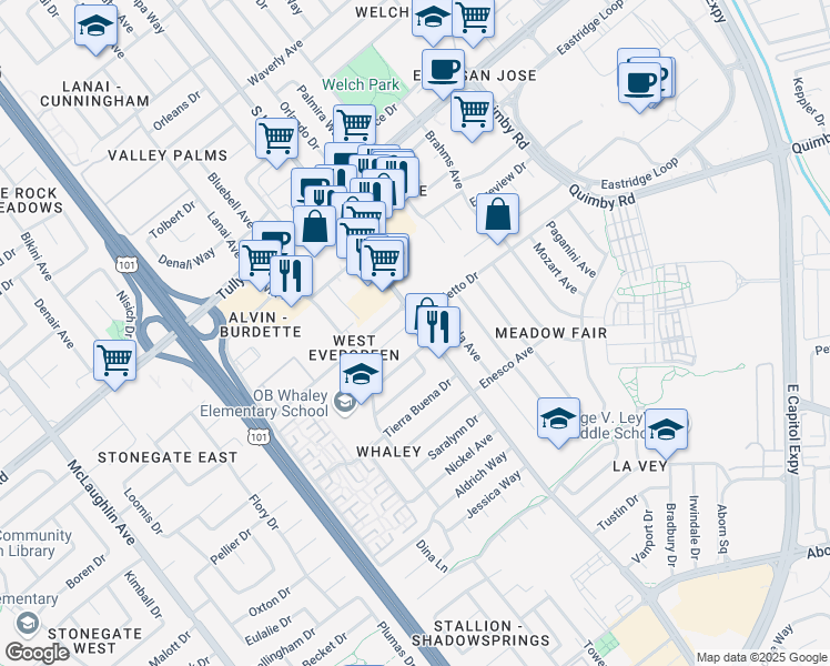 map of restaurants, bars, coffee shops, grocery stores, and more near in San Jose