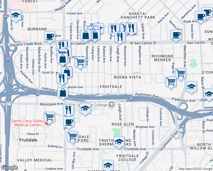 map of restaurants, bars, coffee shops, grocery stores, and more near 541 Rutland Avenue in San Jose