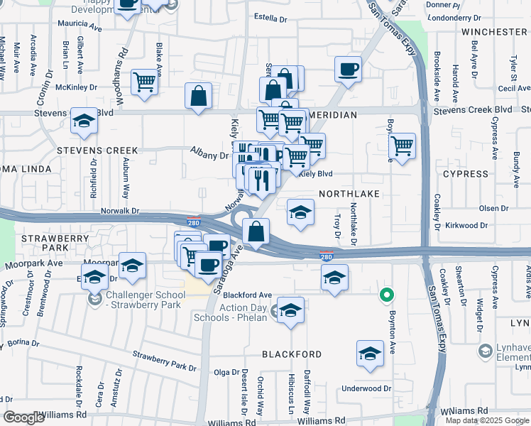 map of restaurants, bars, coffee shops, grocery stores, and more near 456 Saratoga Avenue in San Jose