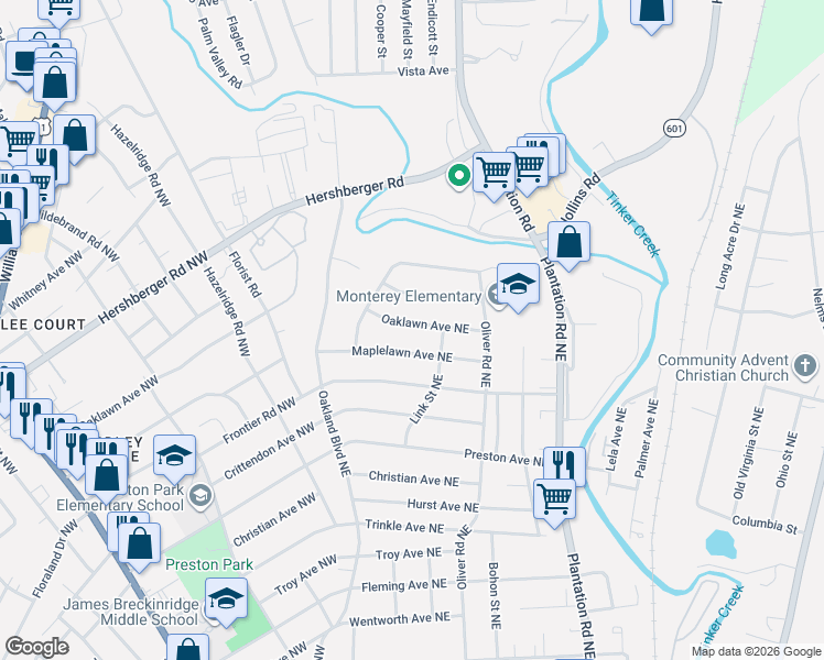 map of restaurants, bars, coffee shops, grocery stores, and more near 138-148 Oaklawn Avenue Northeast in Roanoke