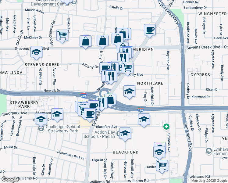 map of restaurants, bars, coffee shops, grocery stores, and more near 500 Saratoga Avenue in San Jose