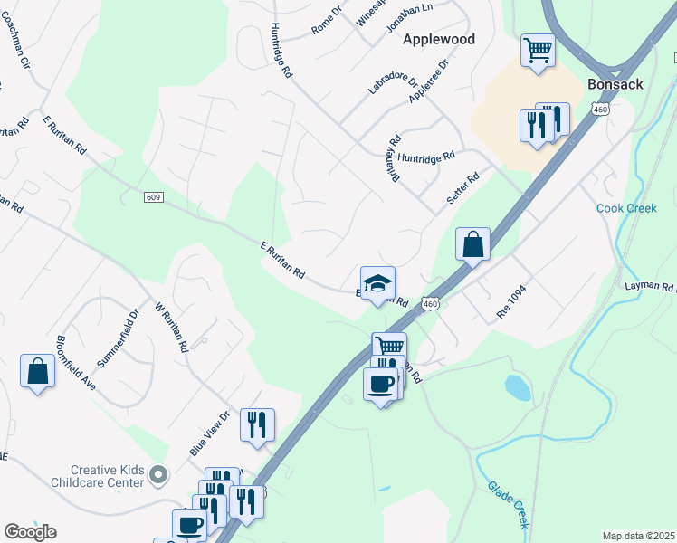 map of restaurants, bars, coffee shops, grocery stores, and more near 5120 Carter Grove Lane in Roanoke