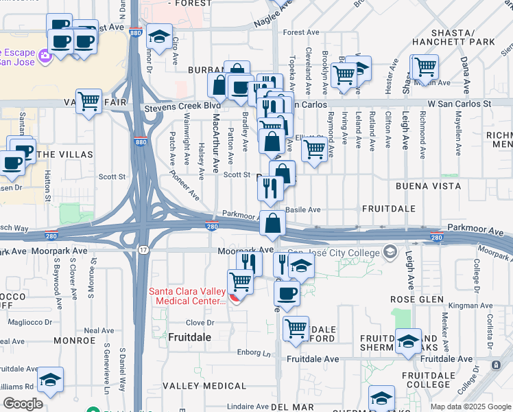 map of restaurants, bars, coffee shops, grocery stores, and more near 541 Flagg Avenue in San Jose