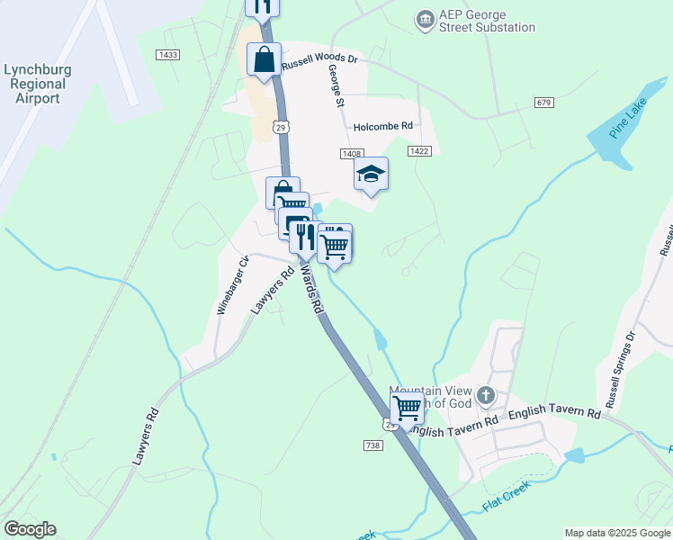 map of restaurants, bars, coffee shops, grocery stores, and more near 13955 Wards Road in Lynchburg