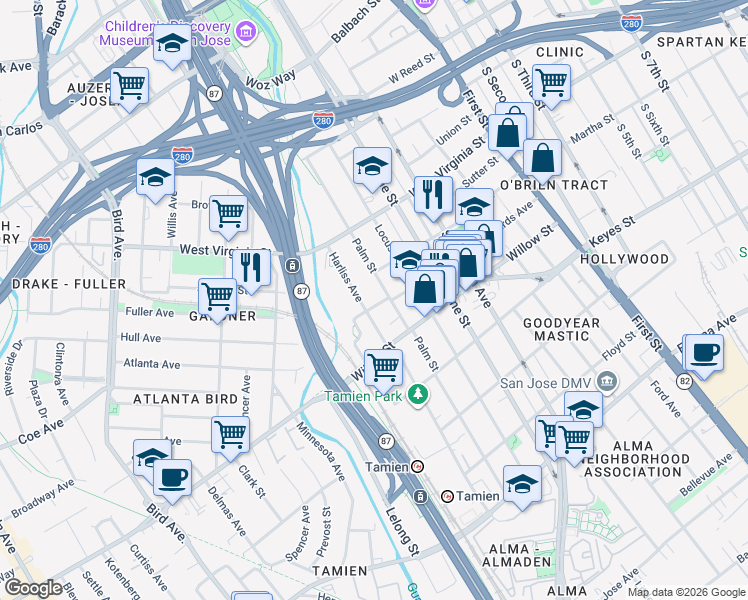 map of restaurants, bars, coffee shops, grocery stores, and more near 385 Edwards Avenue in San Jose