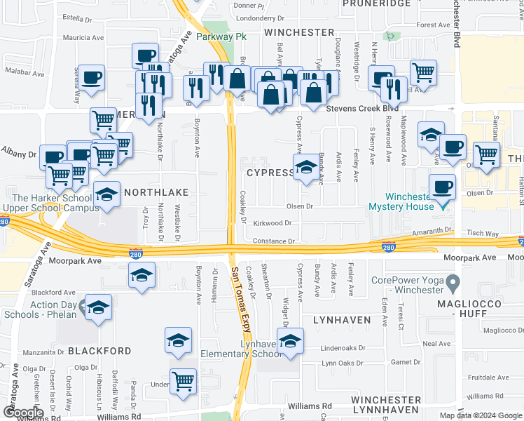 map of restaurants, bars, coffee shops, grocery stores, and more near 3564 Olsen Drive in San Jose