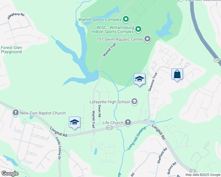 map of restaurants, bars, coffee shops, grocery stores, and more near 5504 South Mallard Run in Williamsburg
