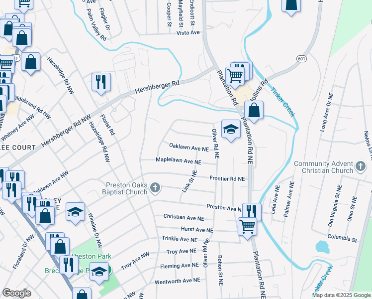 map of restaurants, bars, coffee shops, grocery stores, and more near 165 Oaklawn Avenue Northeast in Roanoke