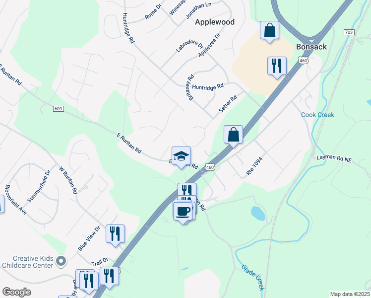 map of restaurants, bars, coffee shops, grocery stores, and more near 5456 Setter Road in Roanoke