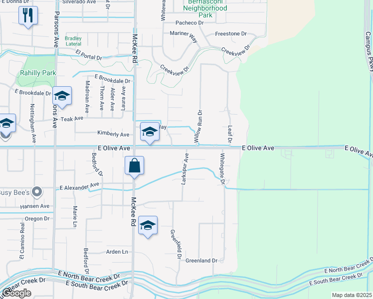 map of restaurants, bars, coffee shops, grocery stores, and more near 3763 Larkspur Avenue in Merced