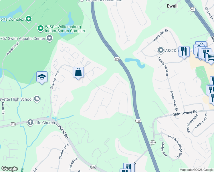 map of restaurants, bars, coffee shops, grocery stores, and more near 112 Heron Court in Williamsburg