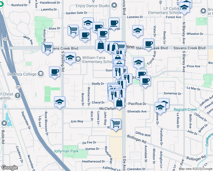 map of restaurants, bars, coffee shops, grocery stores, and more near 20668 Shelly Drive in Cupertino