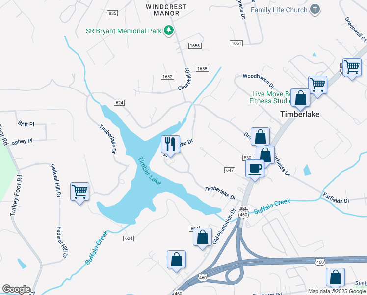 map of restaurants, bars, coffee shops, grocery stores, and more near 595 Timberlake Drive in Lynchburg
