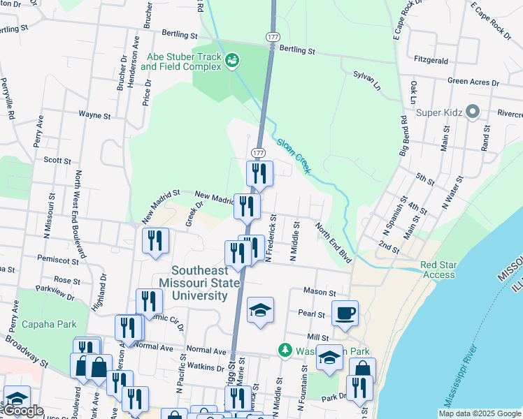 map of restaurants, bars, coffee shops, grocery stores, and more near 620 Emerald Street in Cape Girardeau