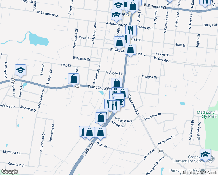 map of restaurants, bars, coffee shops, grocery stores, and more near 75 West McLaughlin Avenue in Madisonville