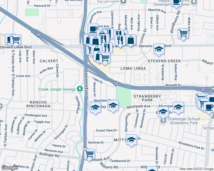map of restaurants, bars, coffee shops, grocery stores, and more near 355 South Park Drive in San Jose