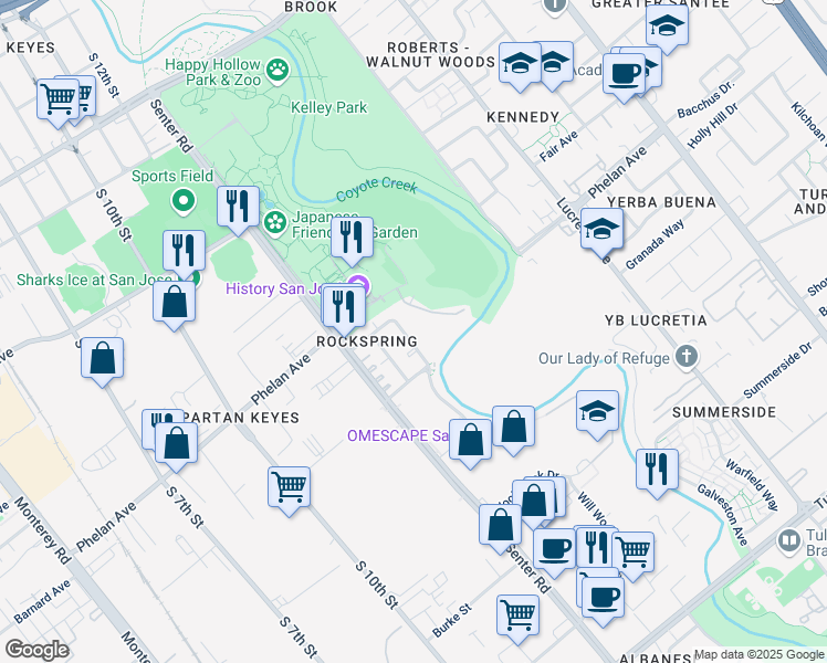 map of restaurants, bars, coffee shops, grocery stores, and more near 1778 Rock Springs Drive in San Jose