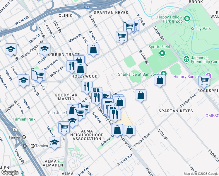 map of restaurants, bars, coffee shops, grocery stores, and more near 1286 Alma Ct in San Jose