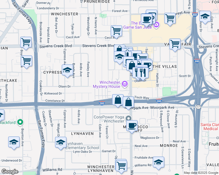 map of restaurants, bars, coffee shops, grocery stores, and more near 535 Cot Court in San Jose