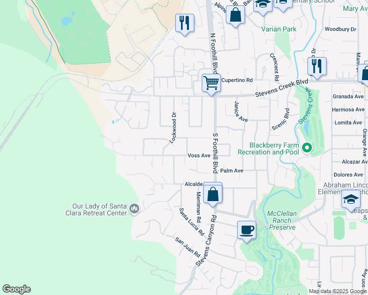 map of restaurants, bars, coffee shops, grocery stores, and more near 10319 McKlintock Lane in Cupertino