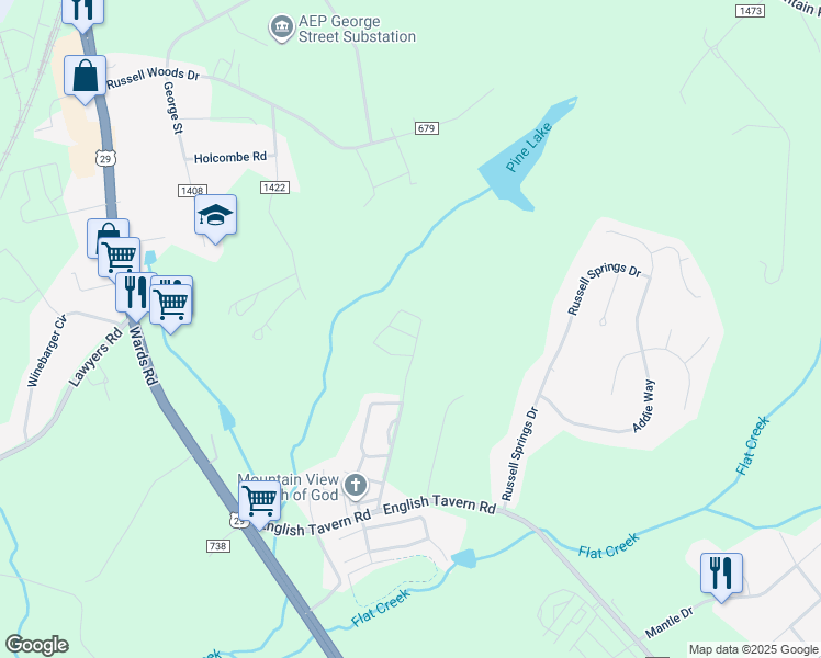 map of restaurants, bars, coffee shops, grocery stores, and more near 21 Squire Circle in Lynchburg